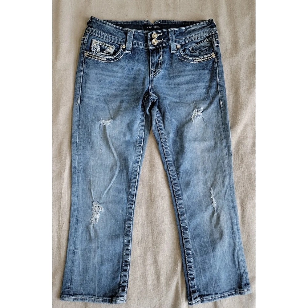 Vigoss Womens Capris 30x23 New York Low Rise Thick Stitch Distressed Rhinestone